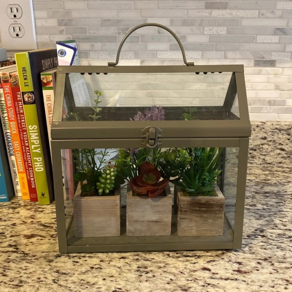 Metal House Terrarium with Faux Plants